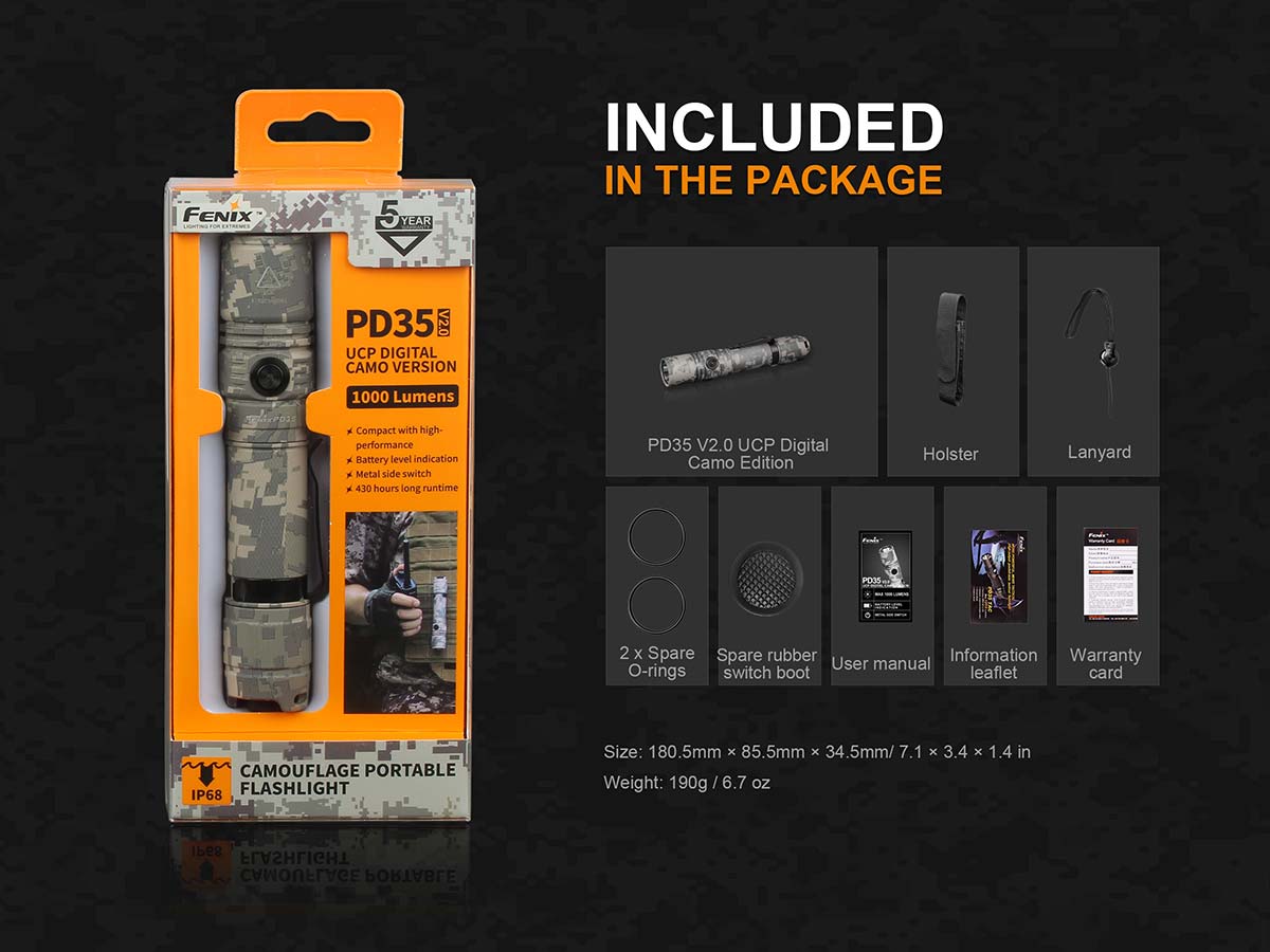 Fenix PD35 V2.0 Digital Camo Tactical Flashlight - 1000 Lumens, Rechargeable, IP68 Waterproof - Perfect for Camping, Hiking & Emergency Use (Discontinued Model)