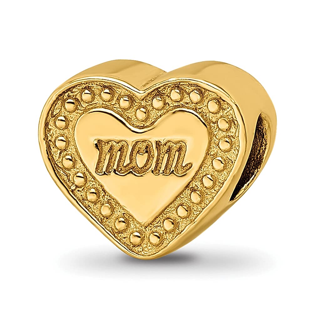 925 Sterling Silver Gold Plated Heart Charm Bead for Bracelet - Mother's Day Gift for Women, Fine Jewelry for Her - Perfect for Holiday Celebrations, Birthdays & Special Occasions