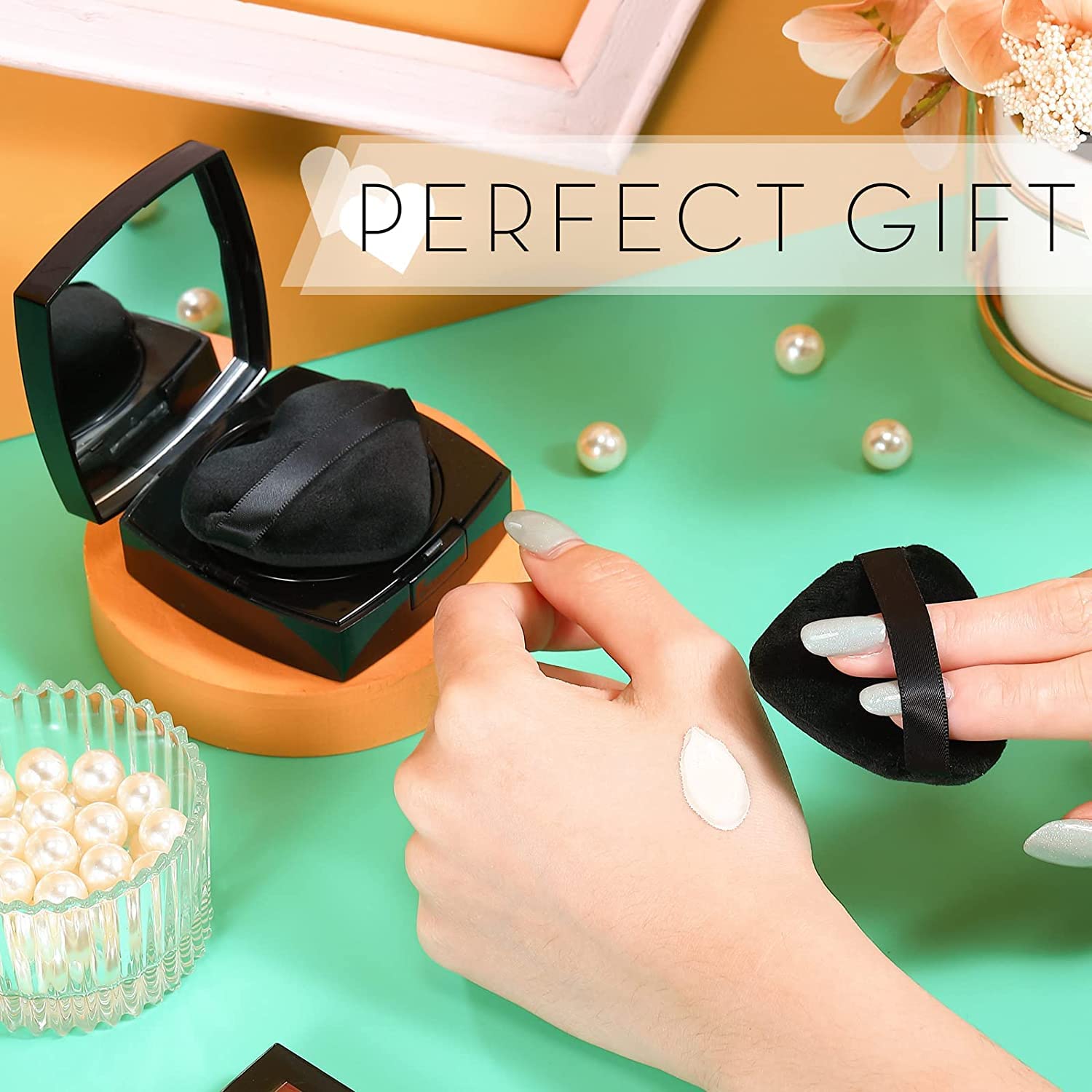 COSLUXE Makeup Blendiful Puffs - Large Velour Powder Puffs for Face, Tear Drop & Heart Shape, Soft Cotton Beauty Sponge Blender (2-Pack, Mini Heart) - Perfect for Liquid Foundation, Setting Powder & Blush Application