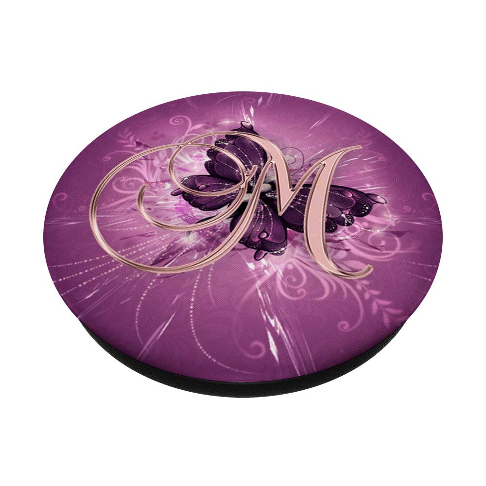 Golden Rose Letter M with Purple Butterfly Design PopSockets PopGrip - Interchangeable Phone & Tablet Grip for iPhone, Samsung, iPad - Perfect for Daily Use, Travel, and Secure Device Handling