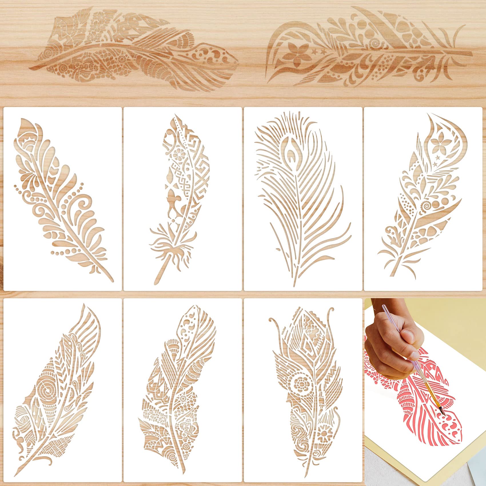 PAGOW 7-Piece Mandala Feather Stencil Set - Reusable PET Plastic Art Templates for Painting on Wood, Walls, Floors - DIY Home Decor & Craft Supplies (7x11 Inch, A4 Size) - Perfect for Wall Art, Furniture Upcycling & Boho Room Decor