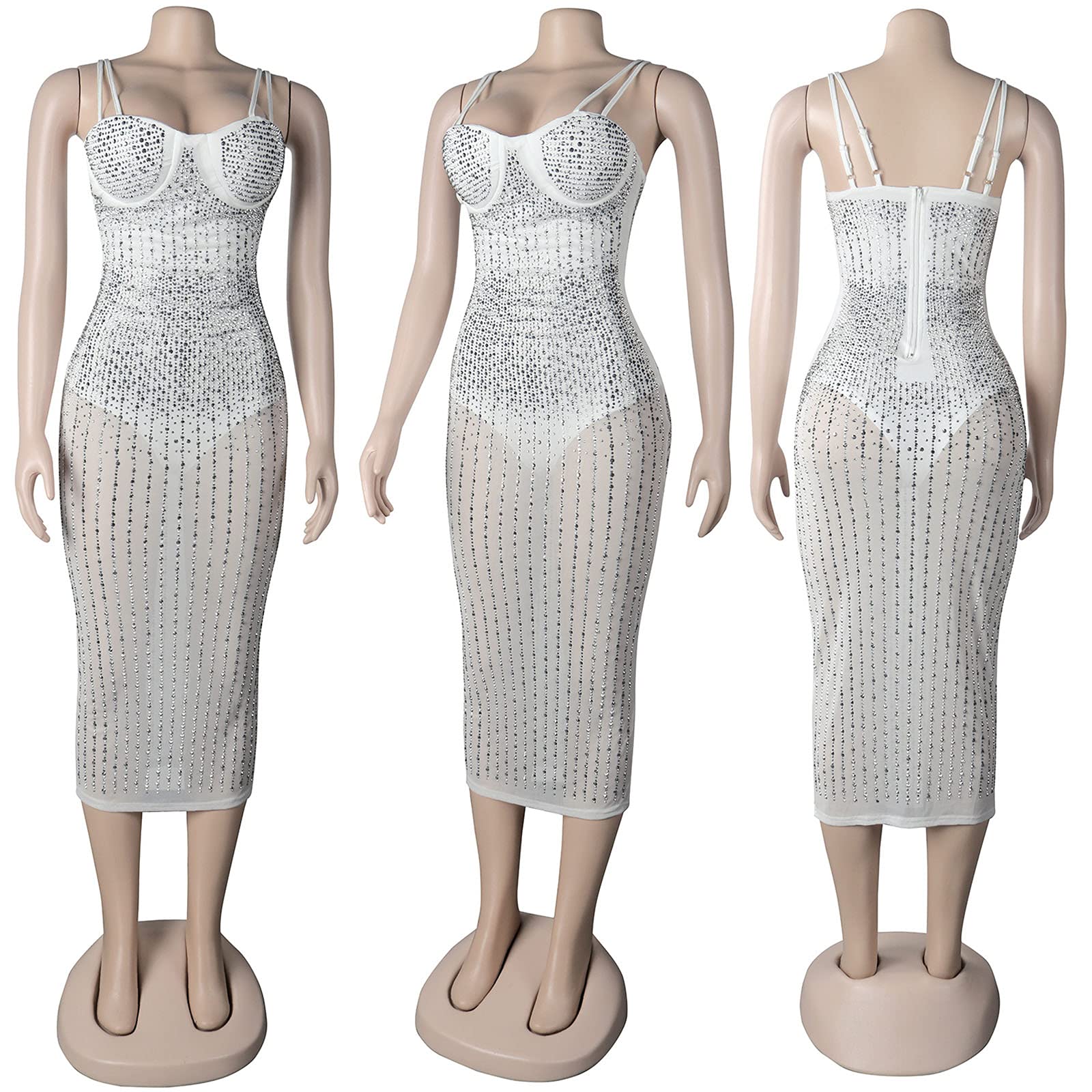 WOKANSE Women's Rhinestone Bodycon Dress - Sexy Mesh Sheer Clubwear for Nightclub, Party & Evening Events | Elegant Sleeveless Mini Dress for Dating, Cocktail & Special Occasions