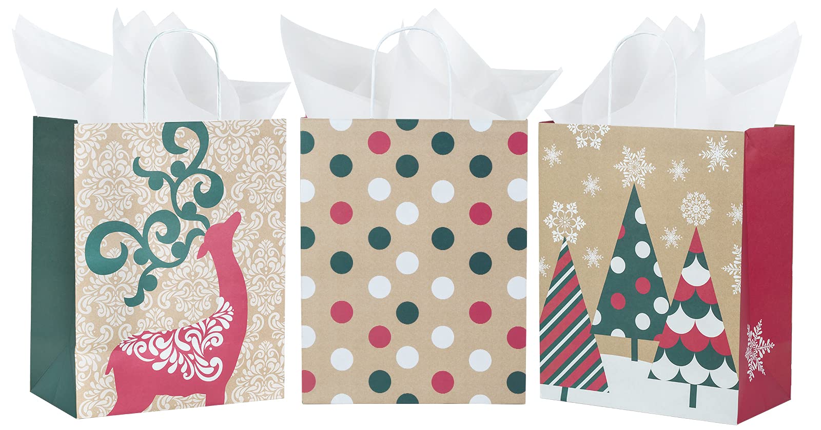 RUSPEPA Christmas Gift Bags Set - 3 Pack with 9 Sheets Tissue Paper | Elk, Rudolph & Christmas Tree Designs | Perfect for Holiday Shopping, Parties, Birthdays & Special Occasions | Great for Christmas Gifts, Office Exchanges & Festive Celebrations