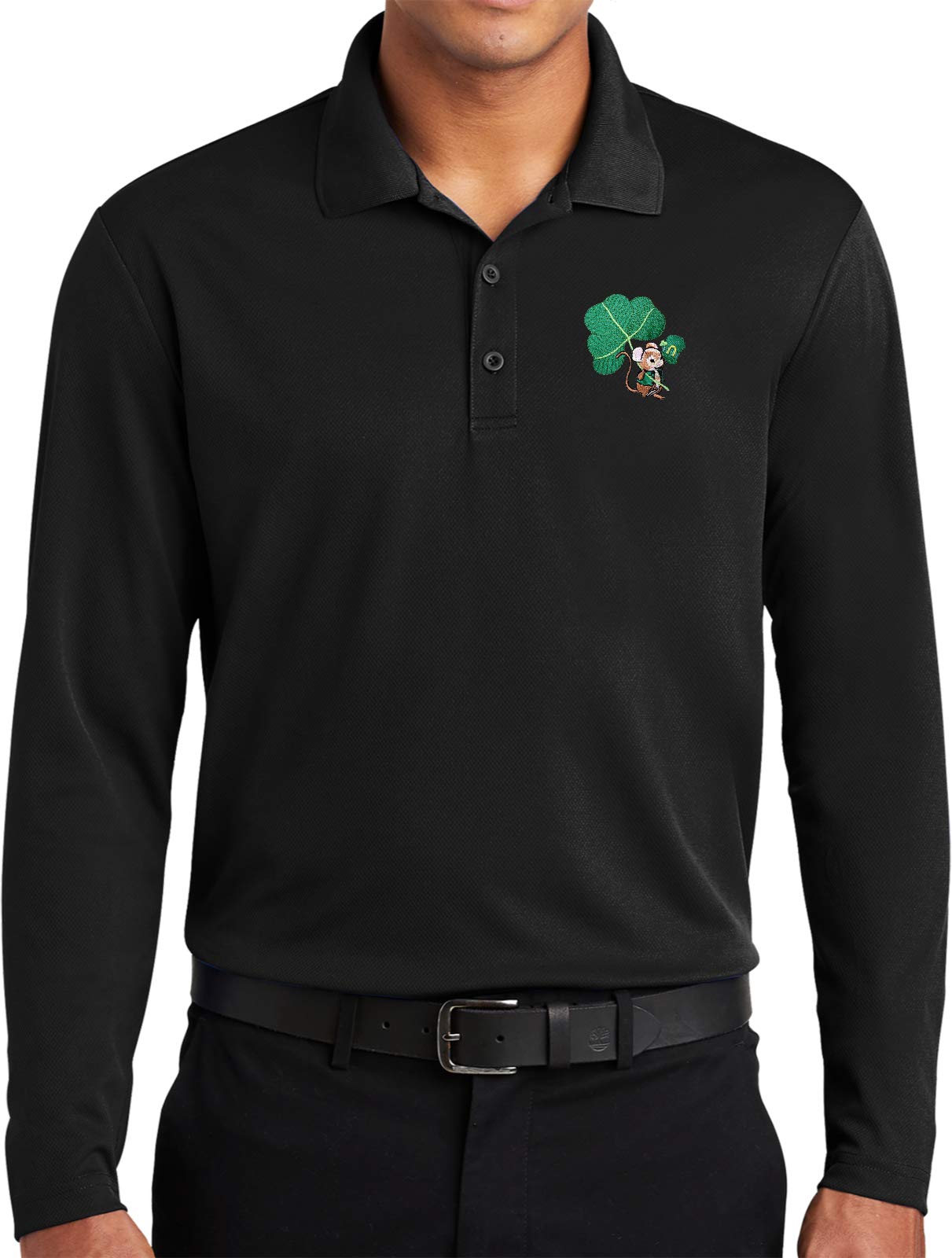 St. Patrick's Day Lucky Irish Mouse Patch Pocket Print Long Sleeve Polo Shirt for Men - Perfect for Irish Themed Parties, Pub Crawls & Holiday Festivities