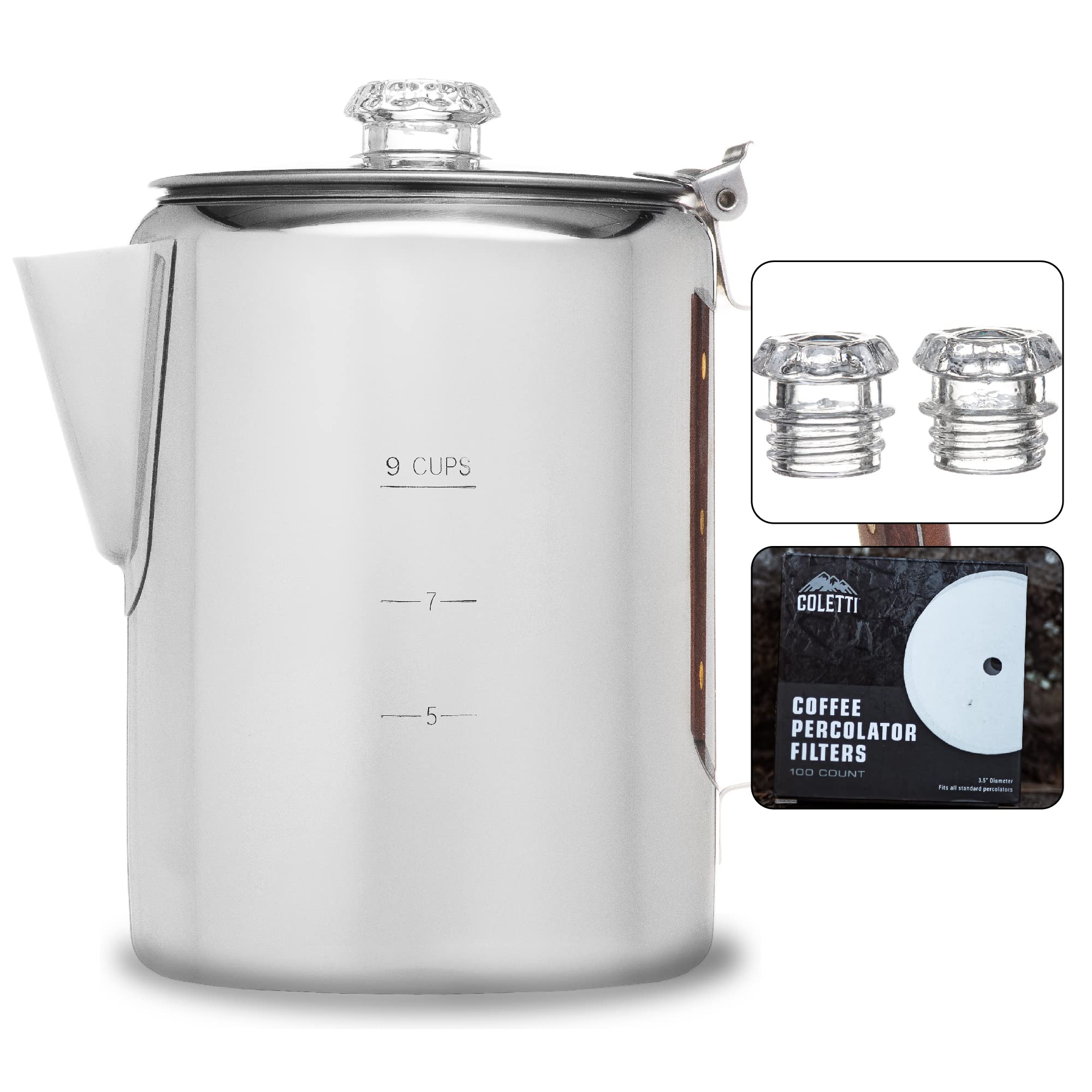 COLETTI Bozeman 12-Cup Stovetop Coffee Percolator Set with 100 Filters & Replacement Glass Tops - Durable Stainless Steel Camping Coffee Maker for Home, Office & Outdoor Adventures