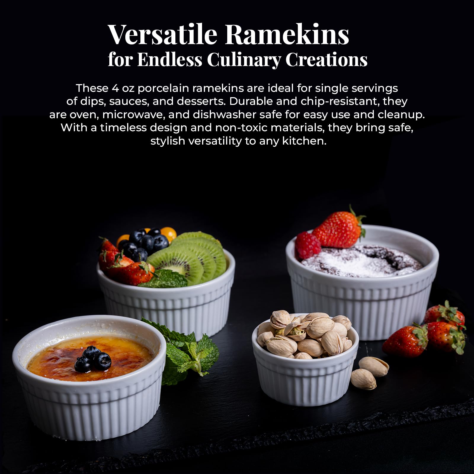 6-Piece Ceramic Ramekin Set - Non-Toxic White Porcelain Baking Cups (4 oz) - Oven & Dishwasher Safe for Desserts, Dips & Snacks - Perfect for Crème Brûlée, Soufflés & Party Appetizers
