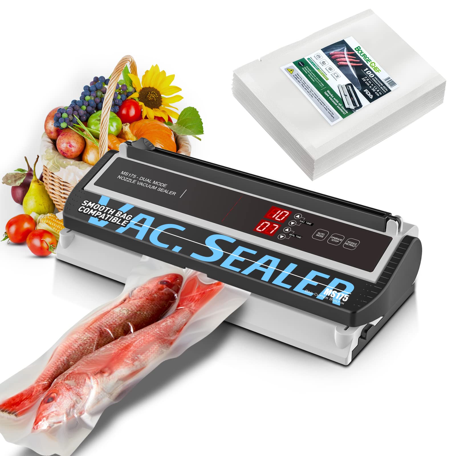 BOURGE CHEF Vacuum Sealer Machine - Automatic/Manual Mode, High Power Sealing with Nozzle | Includes 100 Quart Size 8