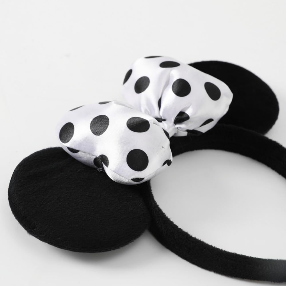 3D Polka Dot Velvet Mouse Ear Hair Bow Headband for Women & Girls - Amusement Park Photography Accessory - Fashionable Satin White Headwear for Disney Trips, Birthday Parties & Cosplay Events