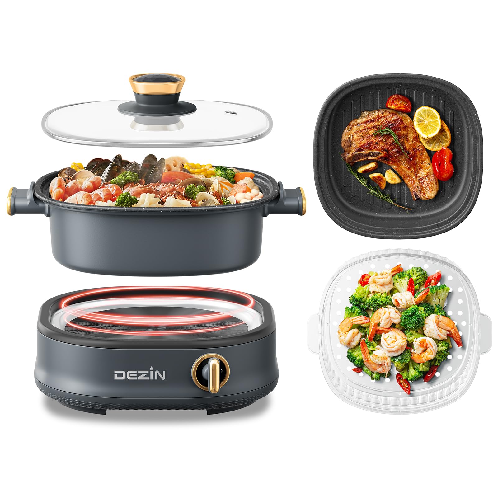 Electric Shabu Shabu Hot Pot with Removable 3L Non-Stick Pot, Steamer & Grill - 3-in-1 Multi-Cooker with Dual Power Control for Home, Party & Family Gatherings | Perfect for Asian Cooking, Hot Pot Nights & Entertaining Guests