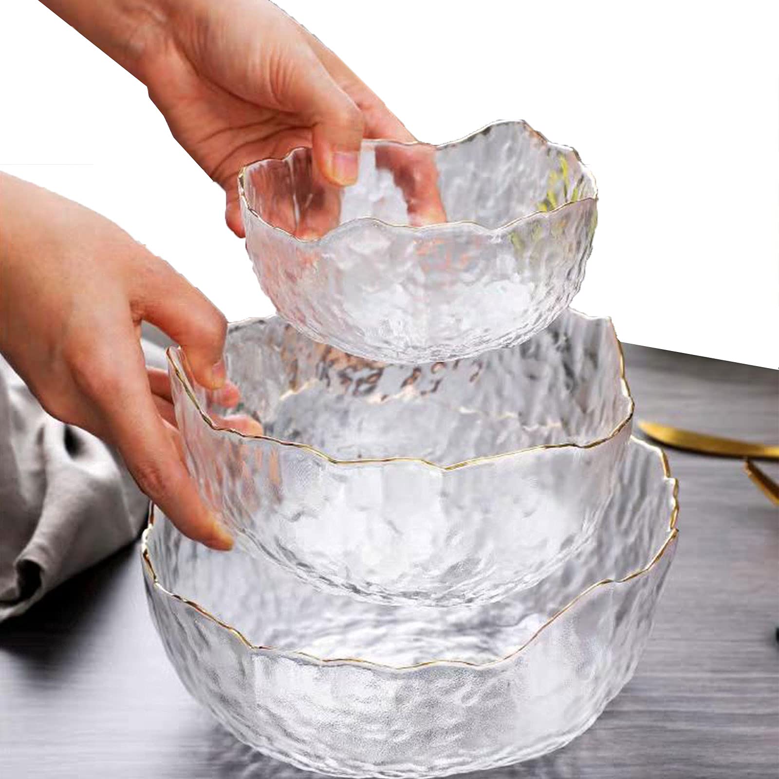 DUTUI 3-Piece Glass Salad Bowl Set - Irregular Shaped Mixing Bowls for Kitchen Prep, Fruit, Pasta, Popcorn & Snacks | Perfect for Entertaining, Meal Prep & Family Dinners