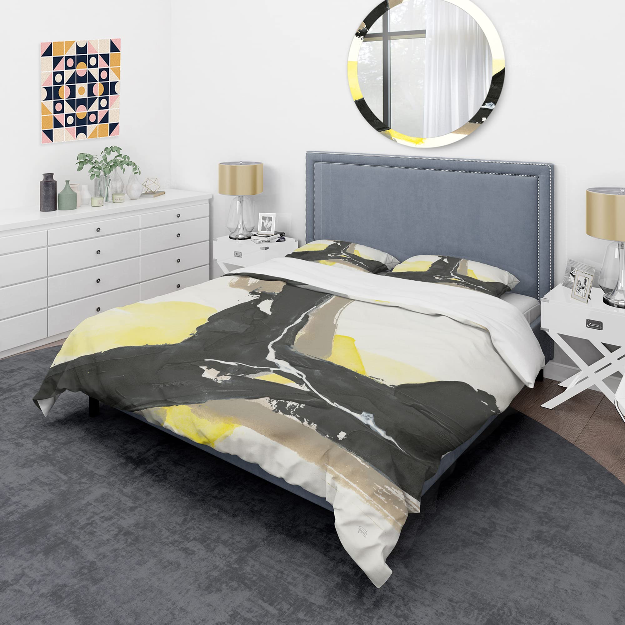 DesignQ Glam Black and Yellow Modern Contemporary Duvet Cover Set - Twin Size 3-Piece Abstract Bedding | All Season Luxury Bed Sheets for Teens, Adults & Guest Rooms