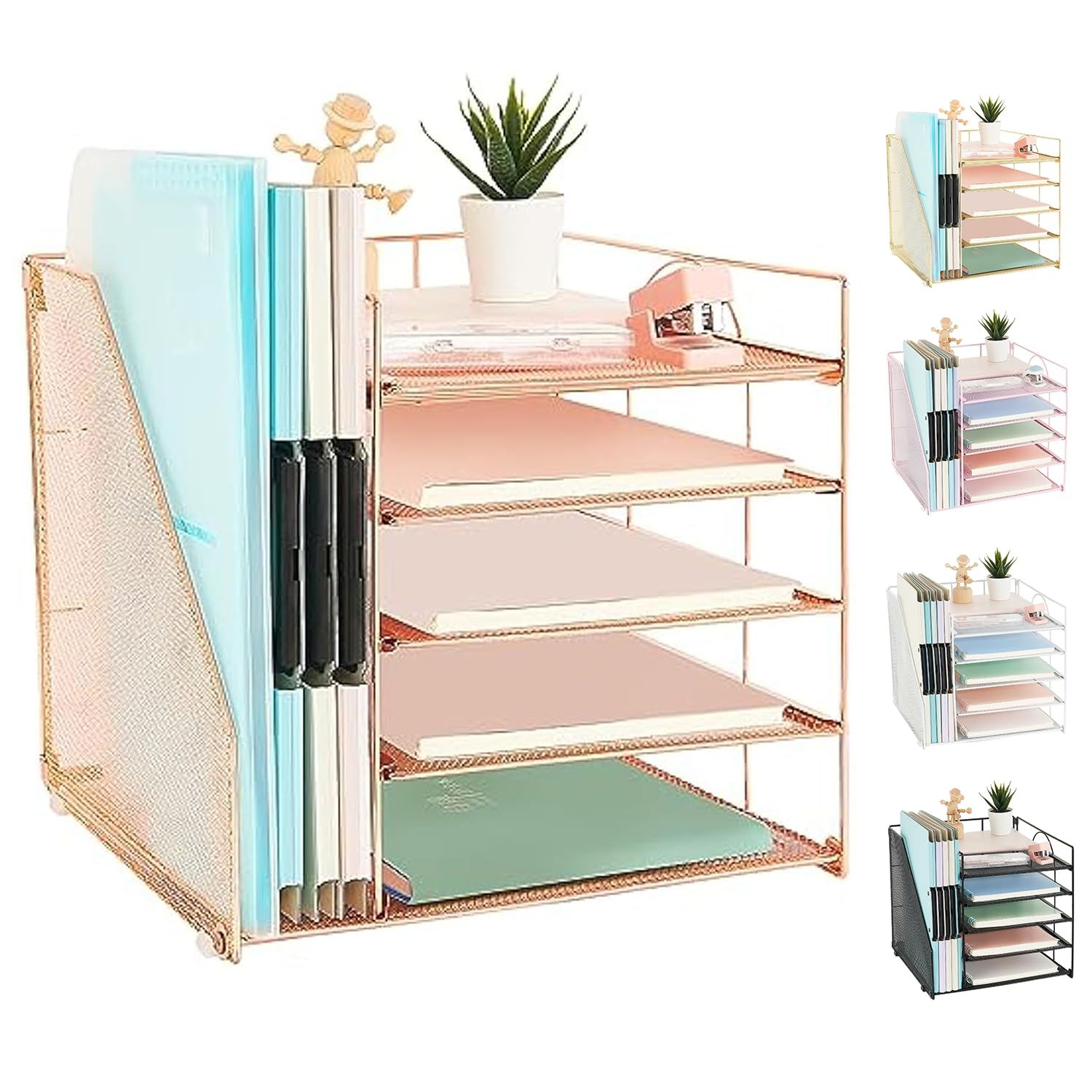 AUPSEN Rose Gold Desk Organizer with File Holder - 5-Tier Mesh Paper Letter Tray for Office Supplies, Documents and Stationery | Perfect for Home Office, Workstation & Study Desk Organization