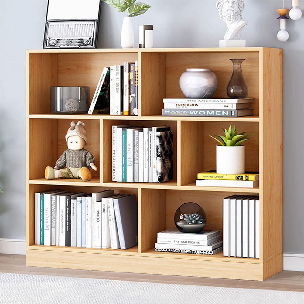 IOTXY 3-Tier Open Shelf Wooden Bookcase - Short Horizontal Floor Standing Display Cabinet with 7 Cubes & Base, Pear Yellow - Perfect for Living Room, Bedroom & Office Storage Organization