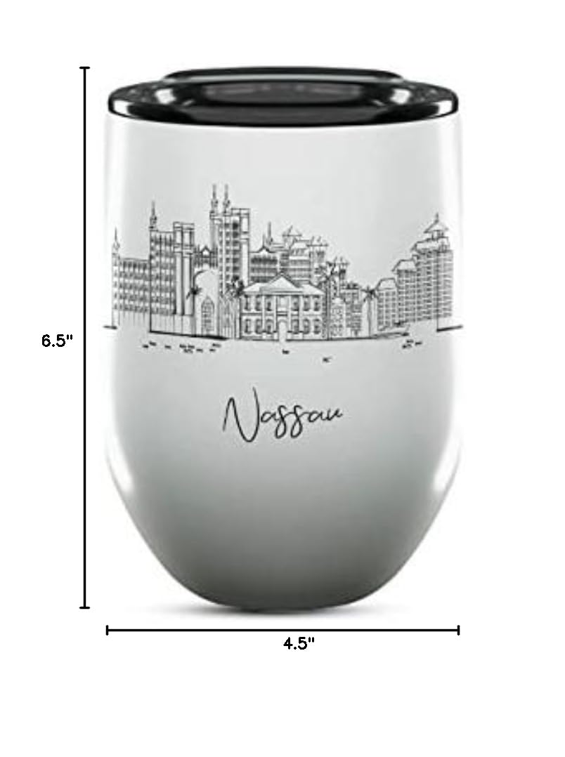 12 Oz Insulated Wine Tumbler with Lid - Nassau Bahamas Themed Gift for College Graduation, Long Distance & Homesick Students - Unique Caribbean Drinkware Souvenir - Perfect for Beach Parties, Dorm Life & Tropical Themed Events
