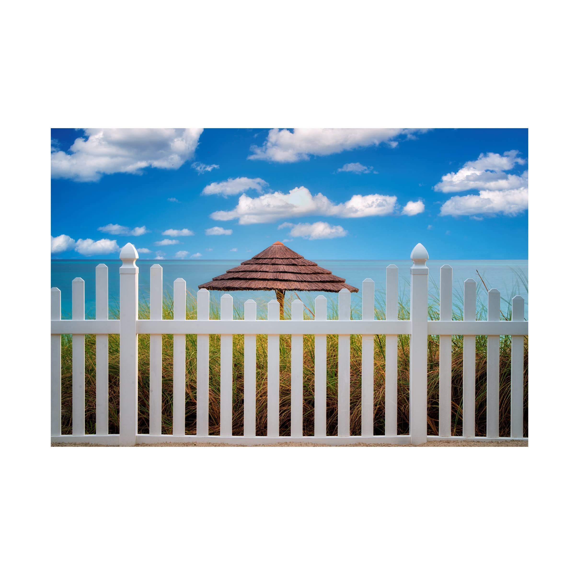 Dennis Frates 'Fence And Beach Umbrellas' Canvas Wall Art Print - Coastal Beach Decor for Living Room, Bedroom & Office - Premium Trademark Fine Art Collection