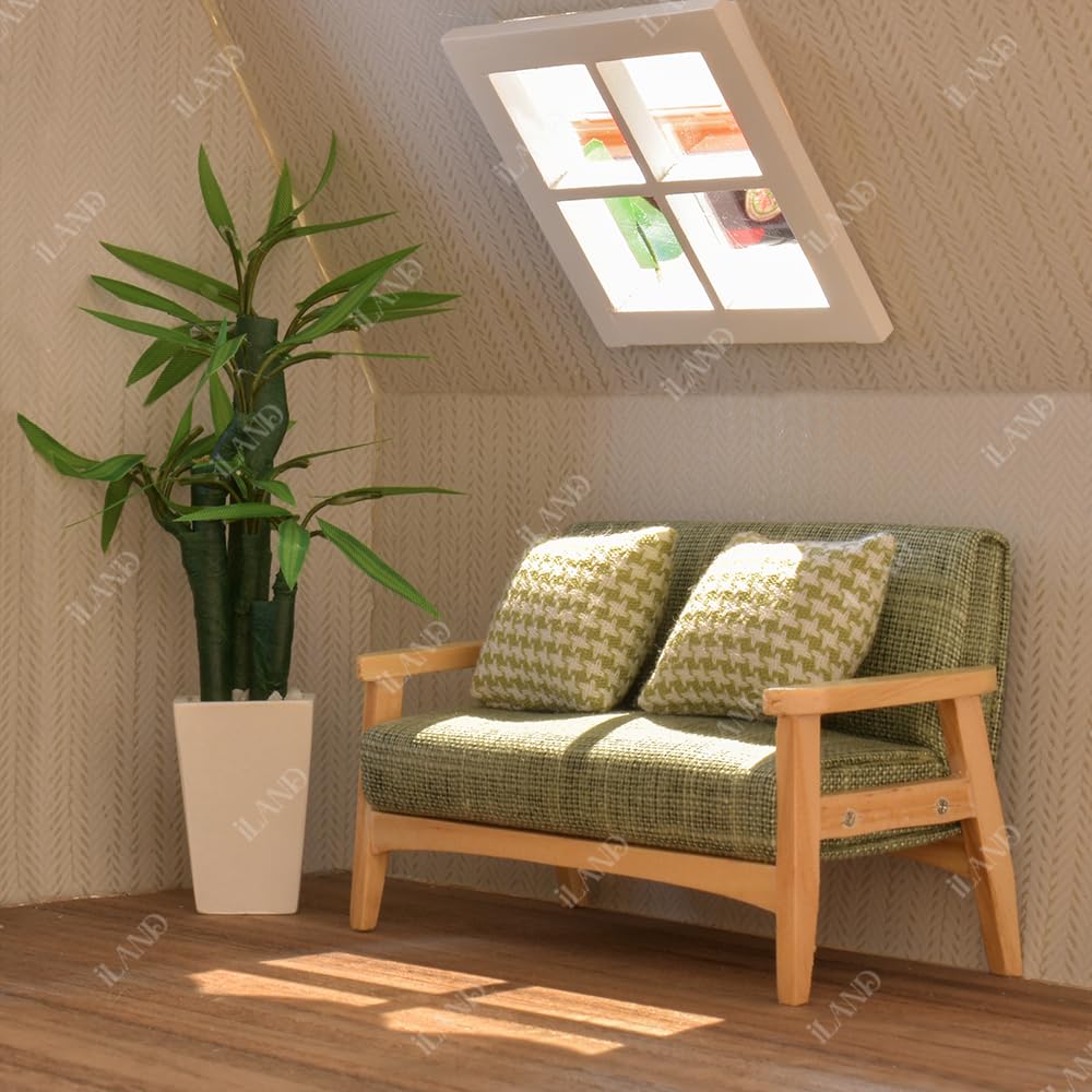 1/12 Scale Dollhouse Couch & Miniature Sofa Set with Houndstooth Cushions - Grey Green Doll Furniture for Living Room Decor | Perfect for DIY Dollhouse Projects & Collectible Displays
