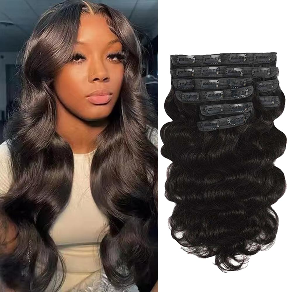 22 Inch Clip In Human Hair Extensions - Body Wave Double Weft Full Head 8Pcs with 20 Clips for Black Women | Natural Color Hair Extensions for Daily Styling, Parties & Special Occasions