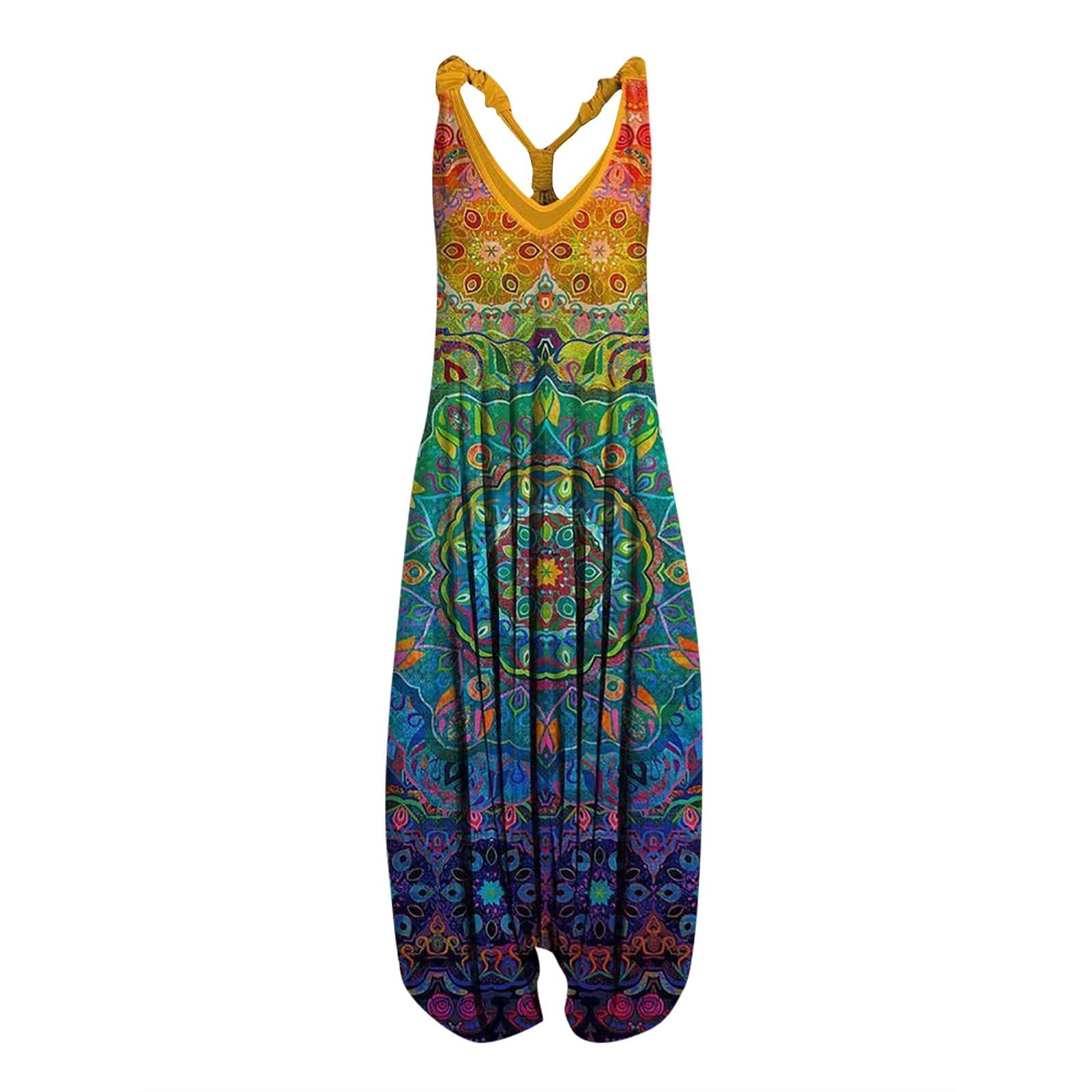 Plus Size Jumpsuits for Women - Vintage Boho Print Racerback Romper with Spaghetti Straps | Casual Summer Sleeveless Outfit for Beach, Vacation & Everyday Wear