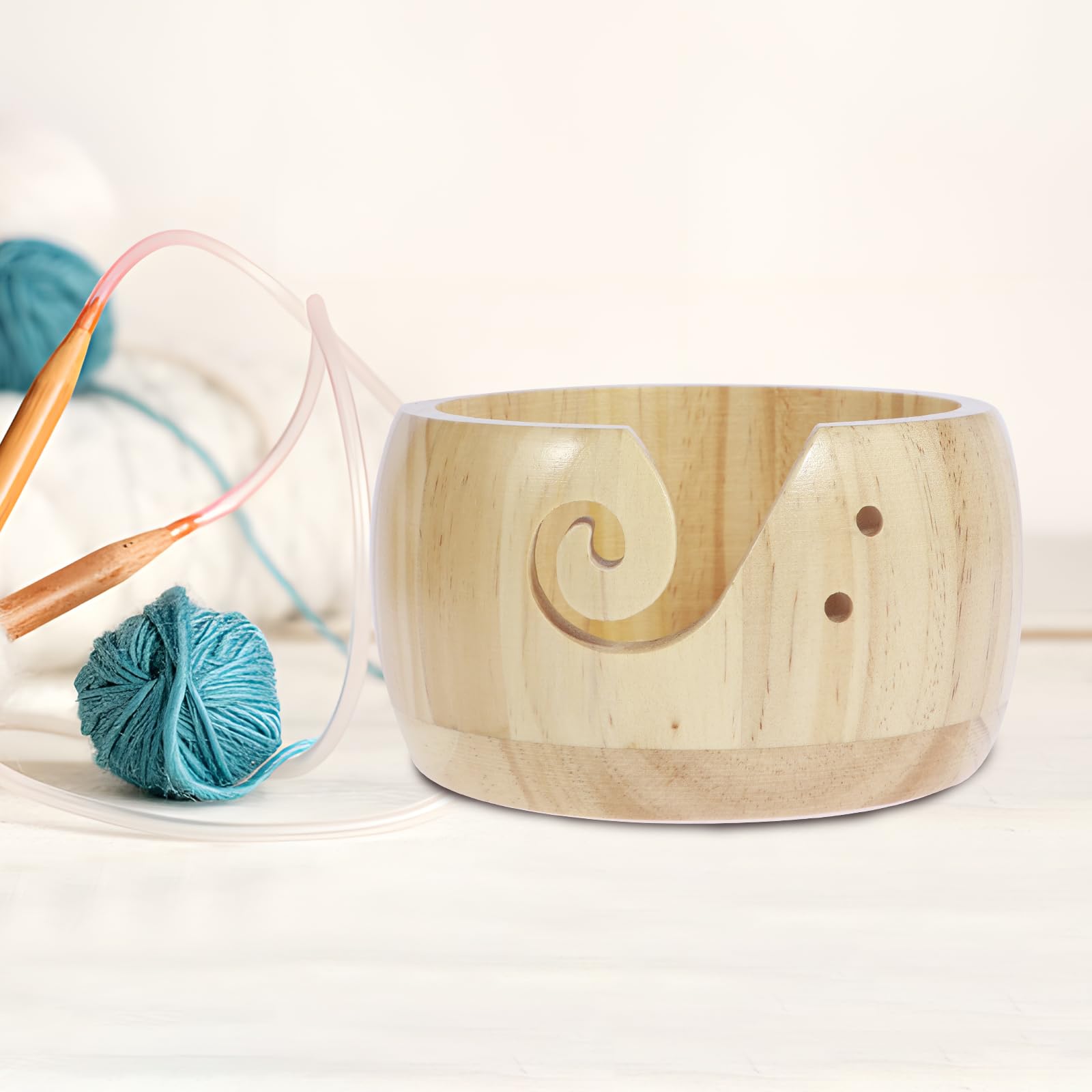 Premium Wooden Yarn Bowl for Knitting & Crocheting - Natural Pine Yarn Holder with Carved Holes, 5.9