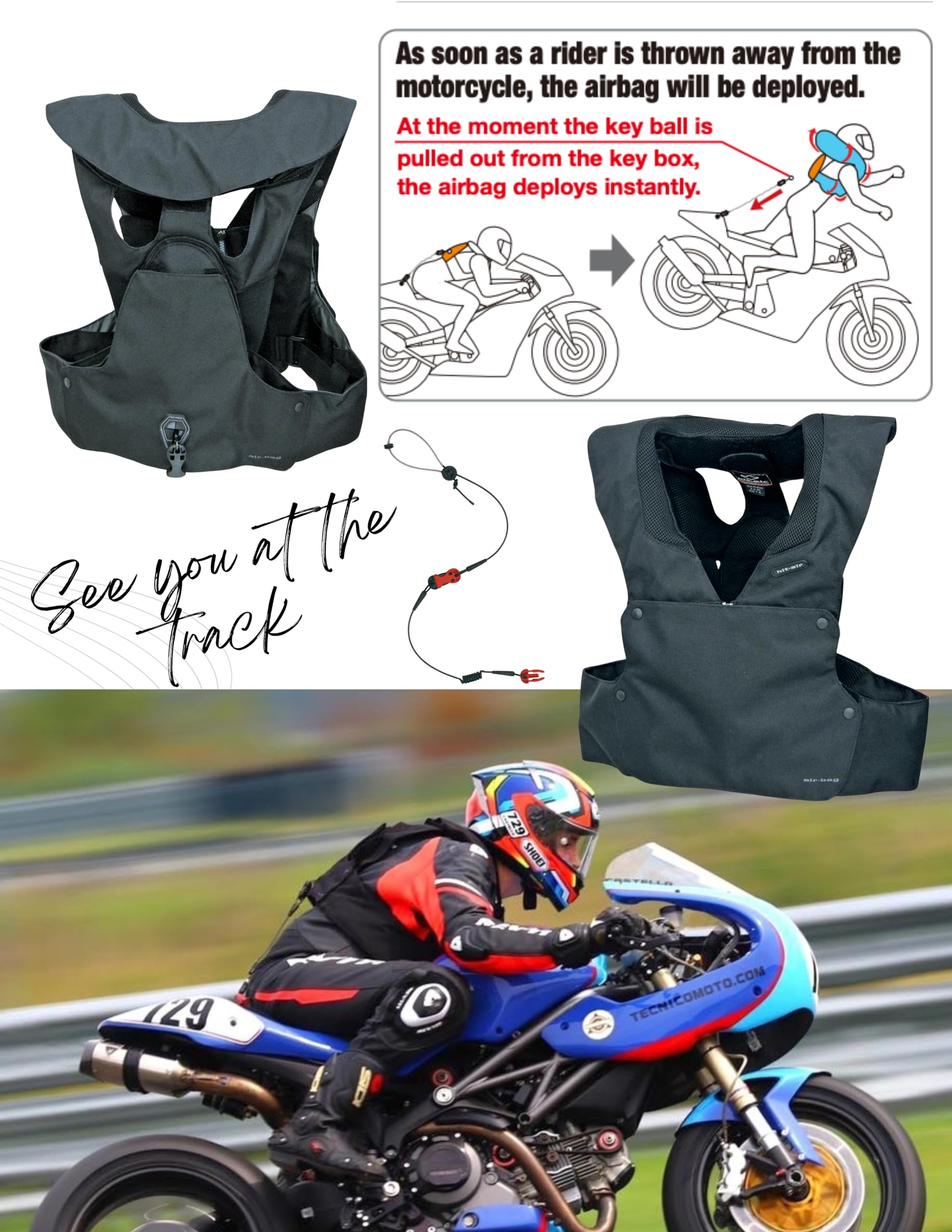 Hit-Air RS-1 Inflatable Racing Air Vest for Motorcycle Track Riders - CE Certified Safety Gear with Head & Neck Protection - Perfect for Racing, Track Days & High-Speed Riding