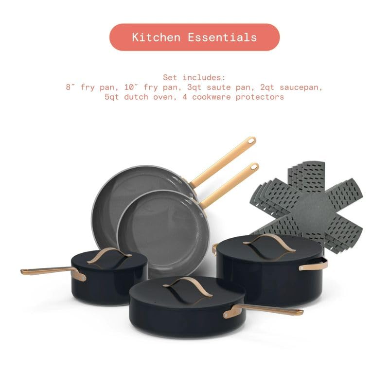 12-Piece Black Sesame Ceramic Non-Stick Cookware Set by Drew Barrymore - Oven & Dishwasher Safe, All Stovetop Compatible - Perfect for Baking, Roasting & Everyday Cooking