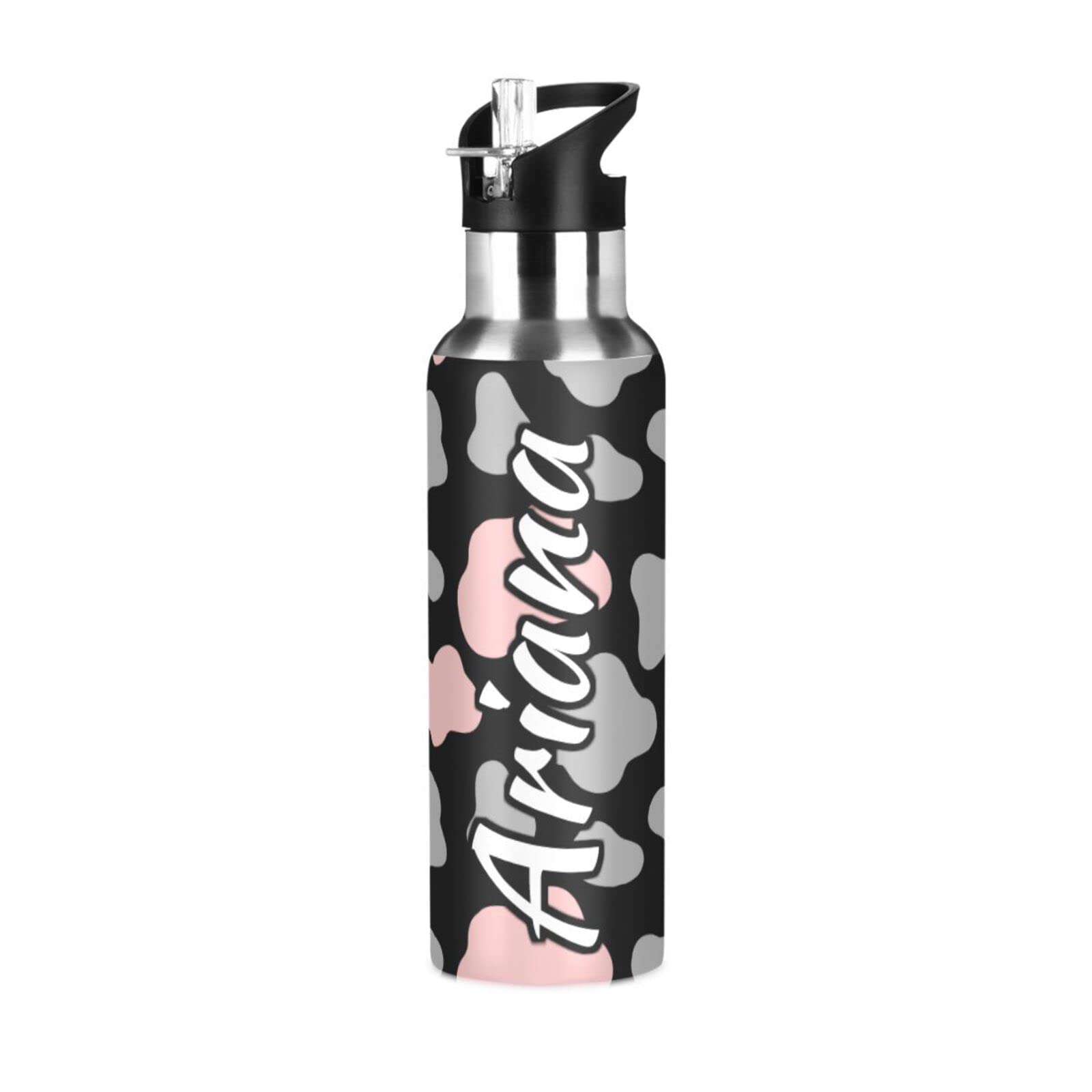 Custom Cow Print Pink & Gray 33oz Insulated Water Bottle with Straw Lid - BPA Free Personalized Sports Flask for Gym, Hiking, Travel & Outdoor Activities