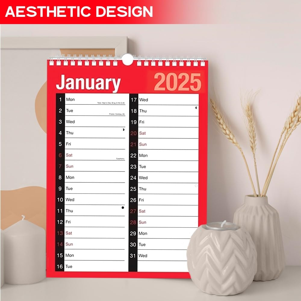 ZYBUX 2025 Spiral Bound Wall Calendar Planner - A4 2-Column Design with Holidays & Notable Dates | Perfect for Home, Office, School & Business Planning | Durable Organizer for Year-Round Scheduling