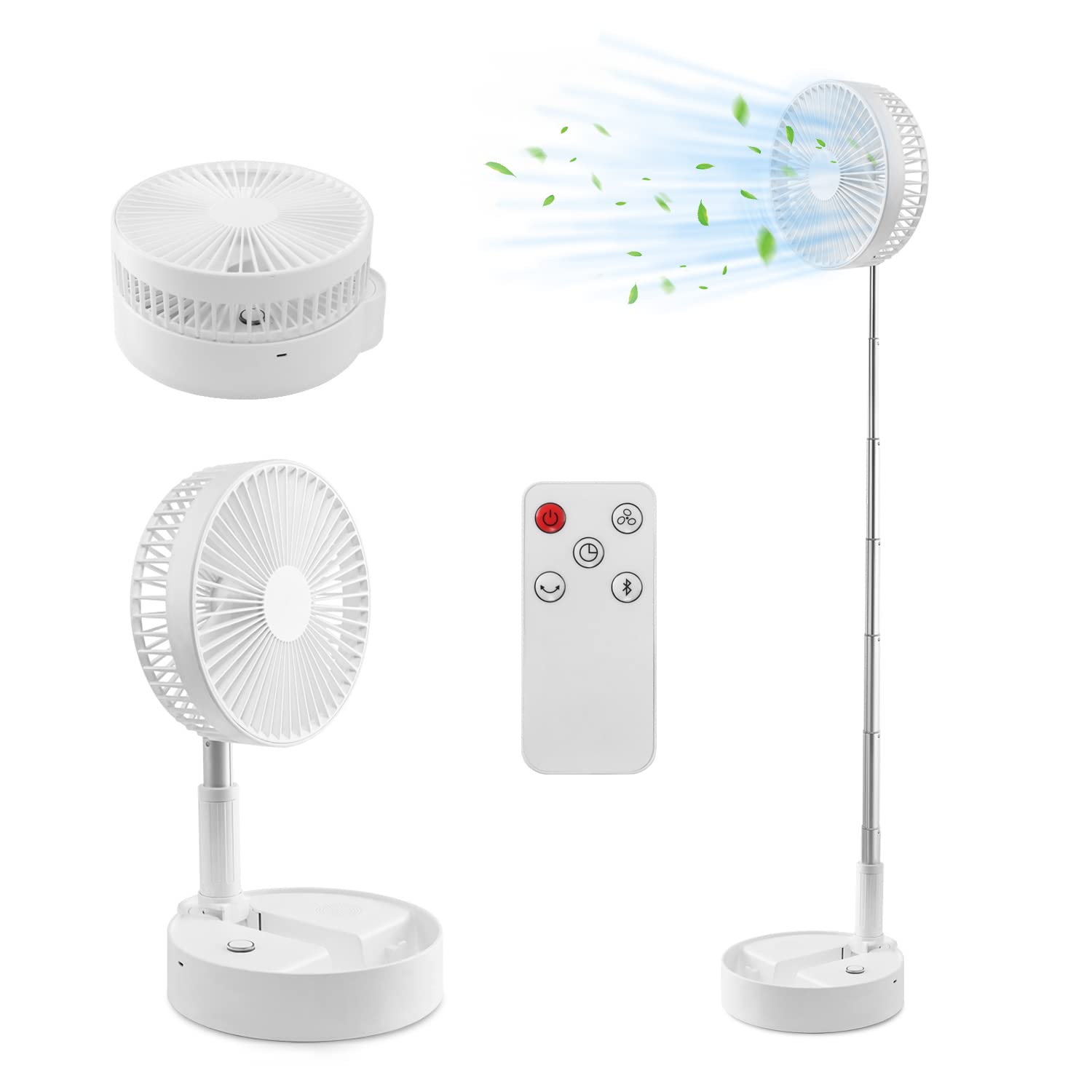 Upgraded 4-Speed Oscillating Fan - Height Adjustable, Folding & Portable with 7200mAh Rechargeable Battery (8.5-33.5 Hours) - Strong Wind for Home, Office, Travel, Camping & Car Use - White