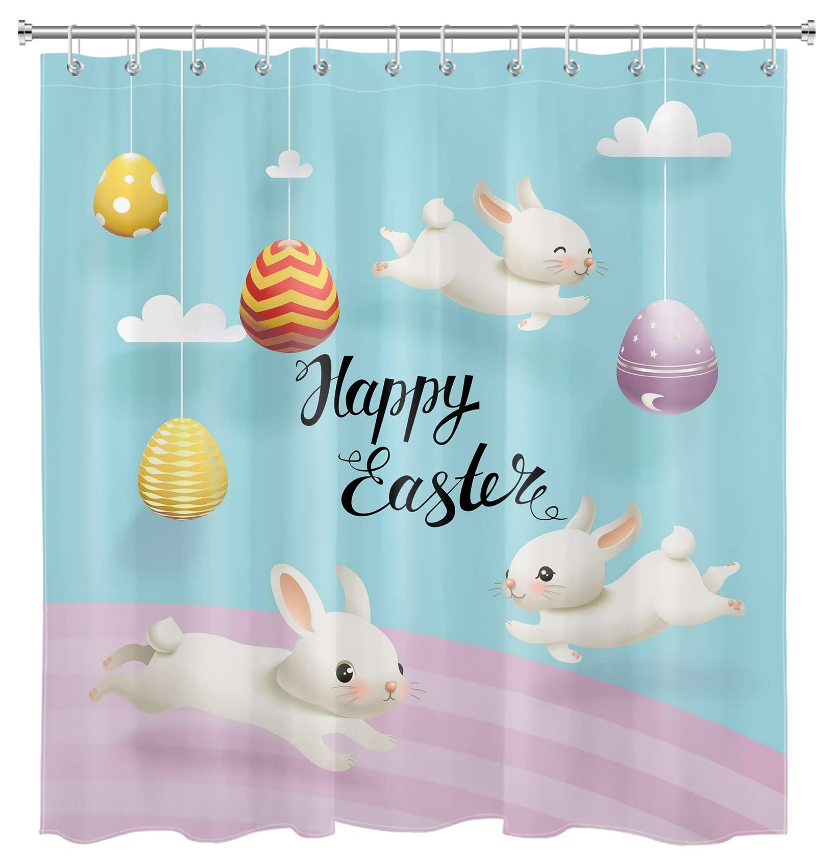 Happy Easter Shower Curtain - Rabbit & Easter Eggs Design, Waterproof Polyester Fabric Bathroom Decor with Hooks, 72x72 Inches - Perfect for Easter Bathroom Decorations, Spring Home Decor & Holiday Gift