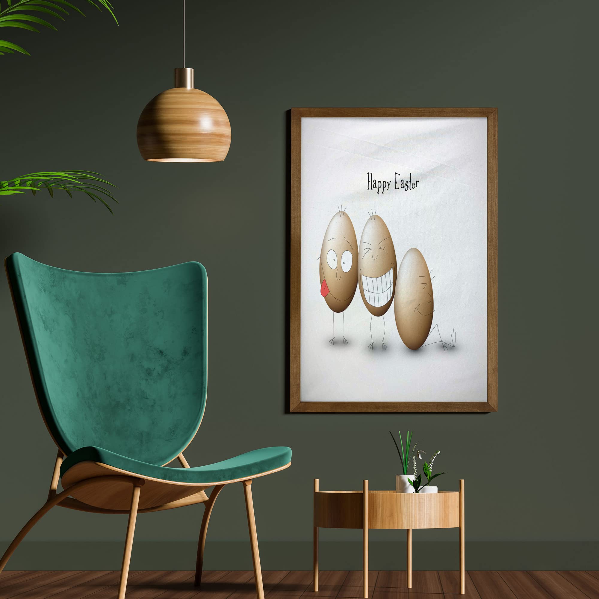 Ambesonne Easter Framed Wall Art - Funny Cartoon Egg Doodles with Cheerful Expressions, Fabric Decor with Teak Wood Frame (23