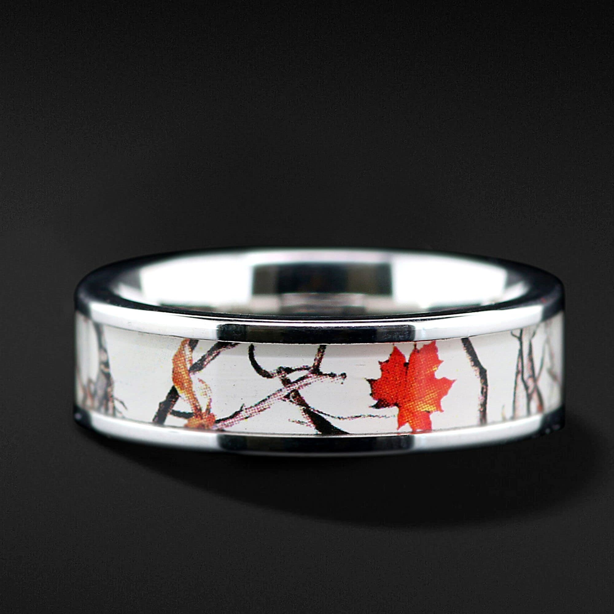 Snow Camo White Camo Ring for Women & Men - Wedding Band, Engagement Ring, Promise Ring - Durable Stainless Steel Camouflage Jewelry - Perfect for Outdoor Weddings, Hunting Trips & Military-Themed Proposals
