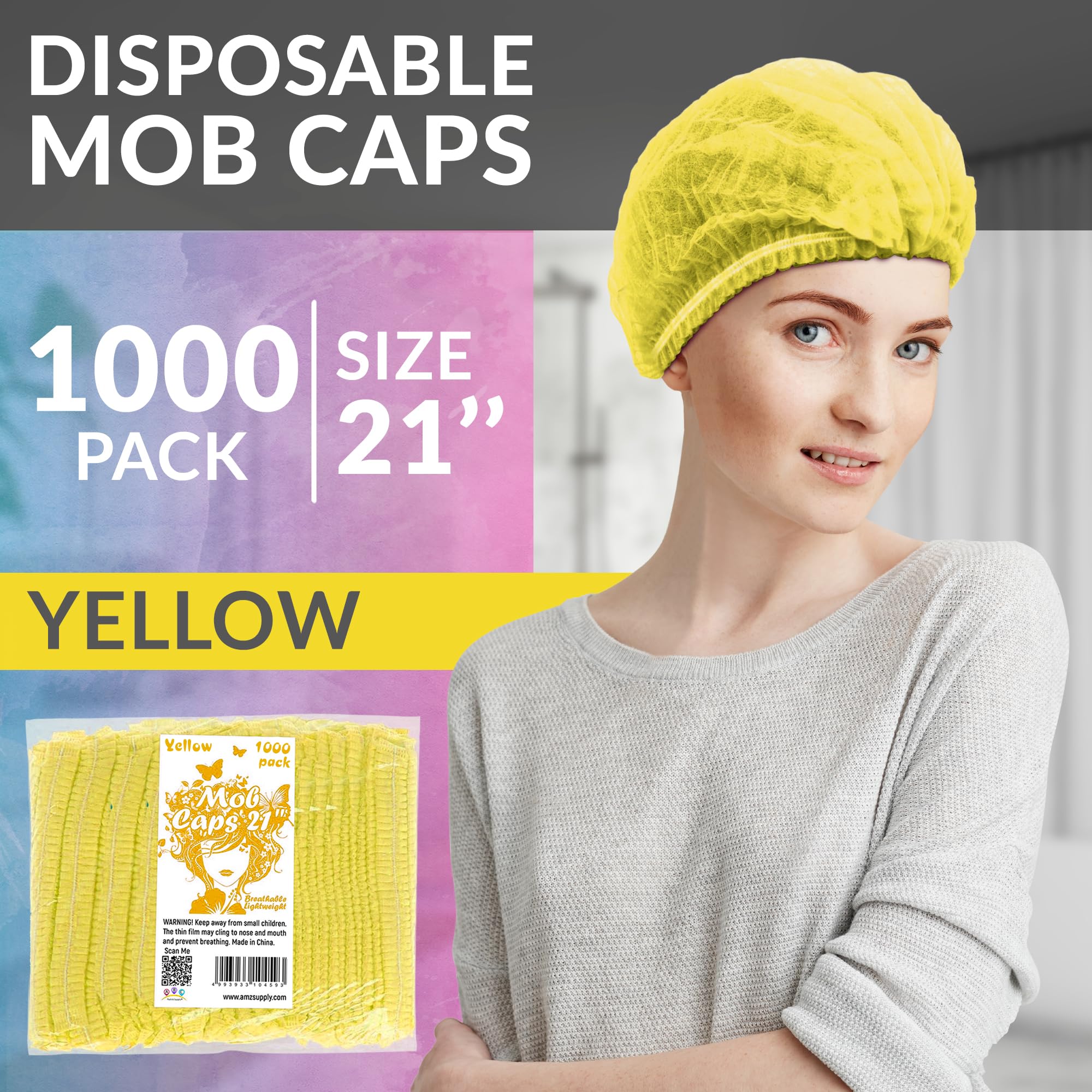1000 Pack Disposable Bouffant Caps 21 Inch - Yellow Polypropylene Hair Nets for Medical, Food Service, Beauty & Tattoo Salons - Ideal for Healthcare Workers, Chefs & Salon Professionals