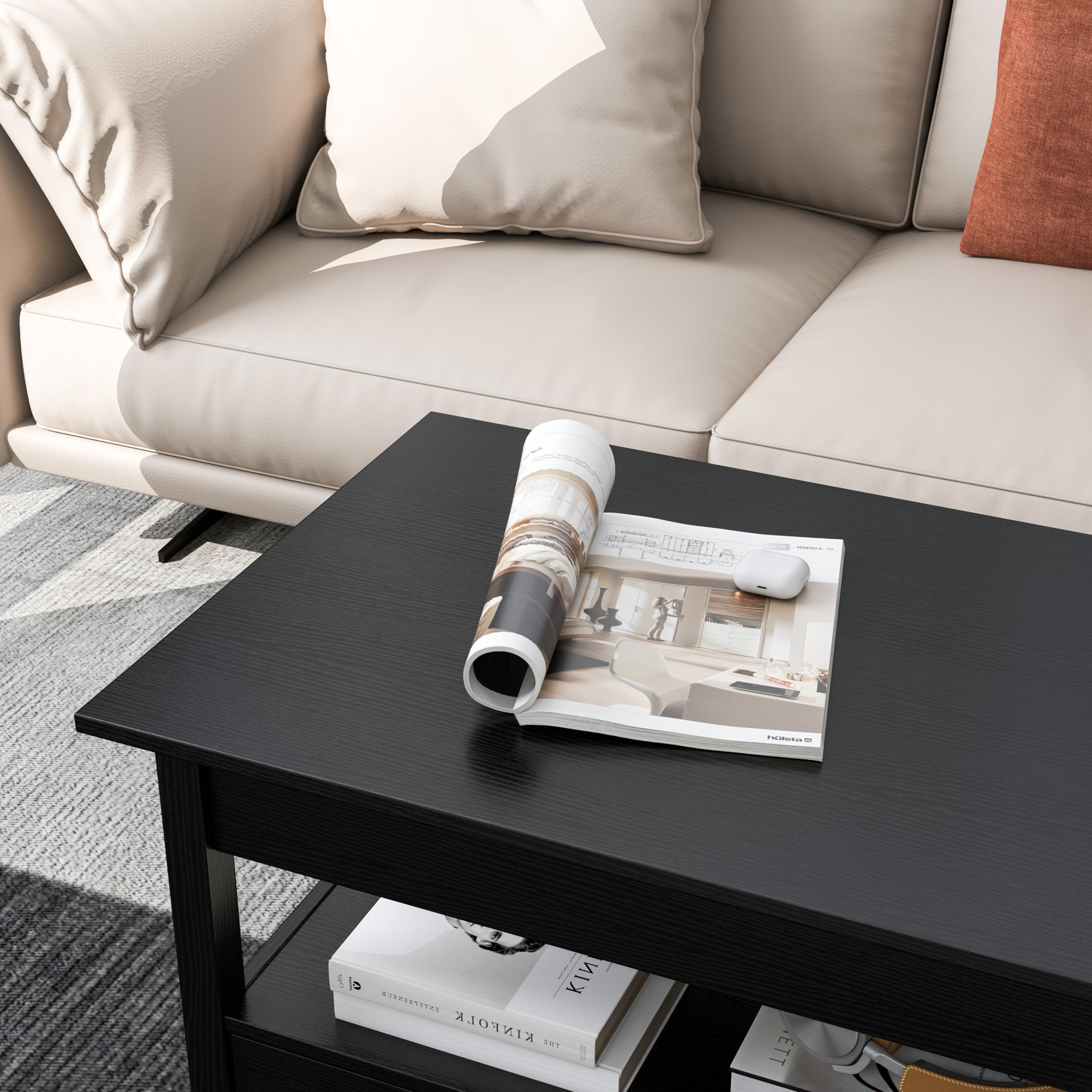 Lift Top Coffee Table with Hidden Storage - Retro Wooden Coffee Table with 2 Drawers & Open Shelf - Panana Lift-Top Living Room Table for Sofa & TV Area (Black) - Perfect for Small Spaces & Home Decor