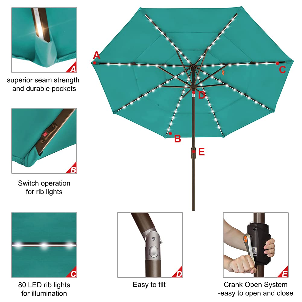 EliteShade USA 10-Year Fade-Resistant 9ft 3-Tier Solar Patio Umbrella with 80 LED Lights - Outdoor Market Umbrella with Ventilation for Deck, Poolside, and Backyard (Teal)