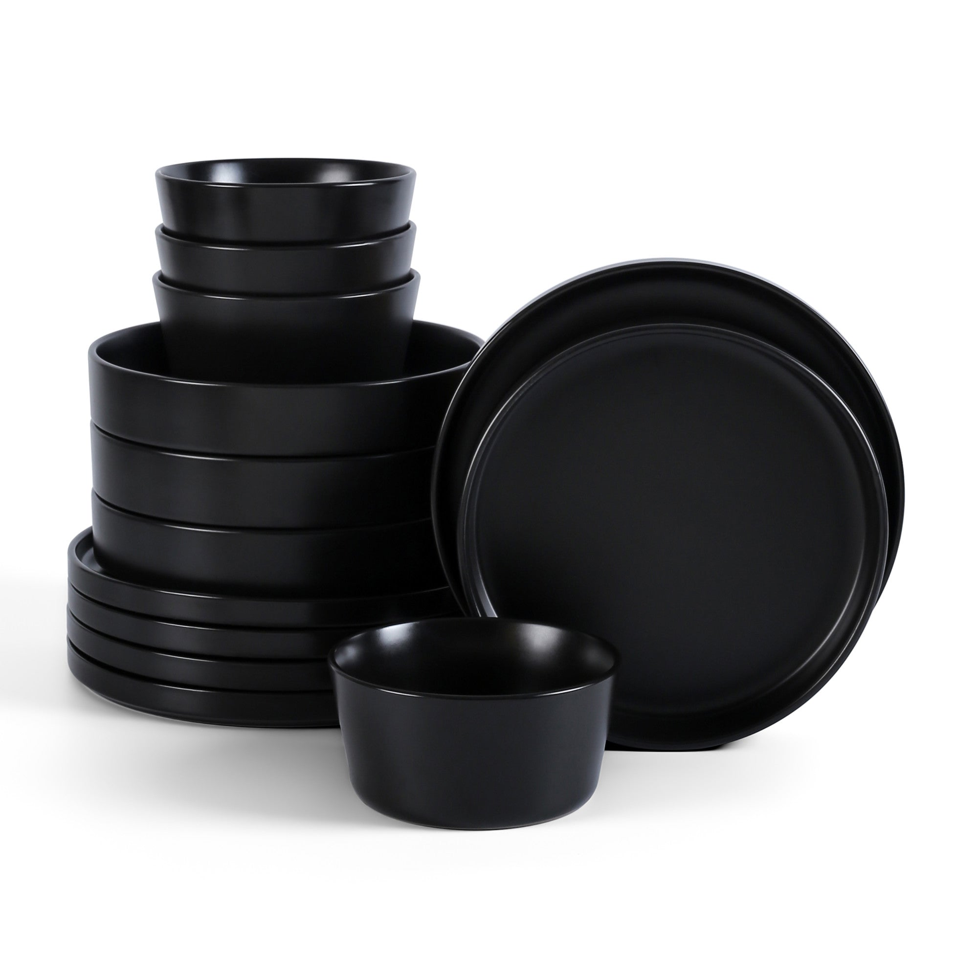 Premium Celina Stoneware Dinnerware Set - 16-Piece Black Ceramic Bowls for Cereal, Soup & Pasta | Elegant Everyday Dining & Entertaining Tableware