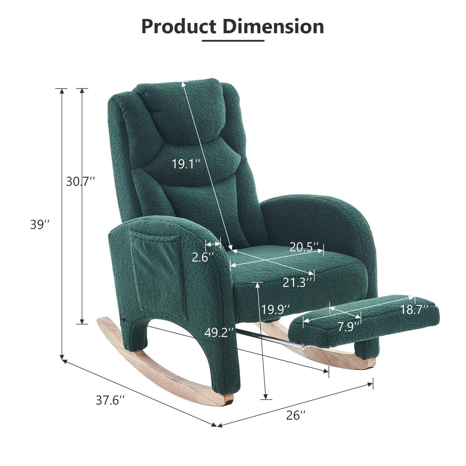 Hommoo Modern Teddy Fabric Rocking Chair with Adjustable Footrest - High Back Nursery Glider Rocker for Mom and Baby, Green Upholstered Accent Chair - Perfect for Nursery, Living Room & Bedroom Relaxation