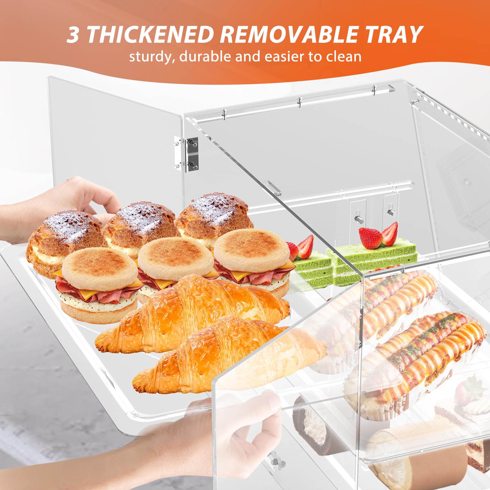 3-Tier Commercial Pastry Display Stand with Removable Bakery Case & Bread Tong - Countertop Cookie Showcase with Front/Rear Door Access - Perfect for Bakeries, Cafés & Dessert Shops