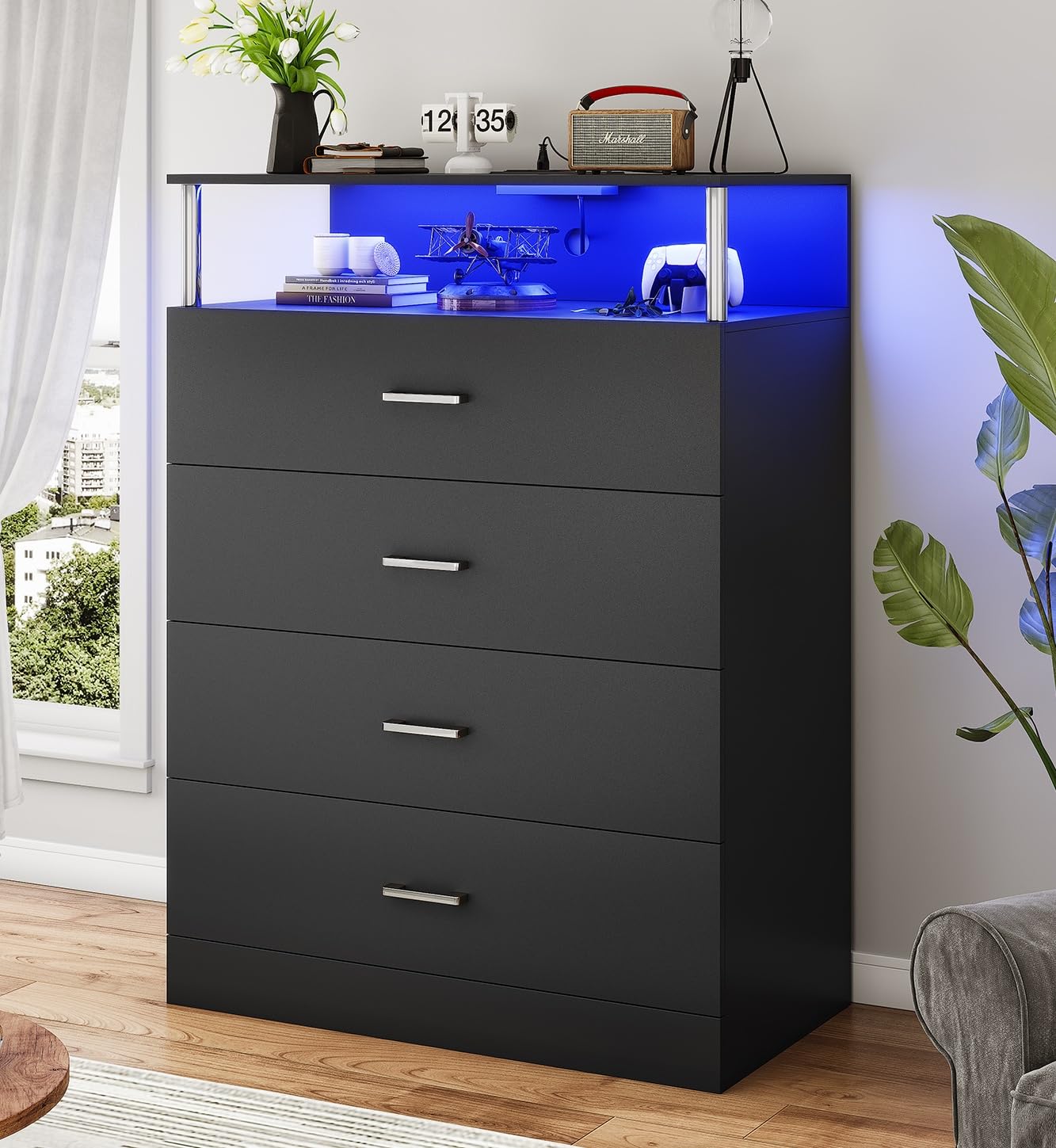 Modern 4-Drawer Tall Black Dresser with Charging Station & Column Design - LED Bedroom Dresser for Closet Organization | Perfect for Small Spaces, Guest Rooms & Master Bedroom Storage