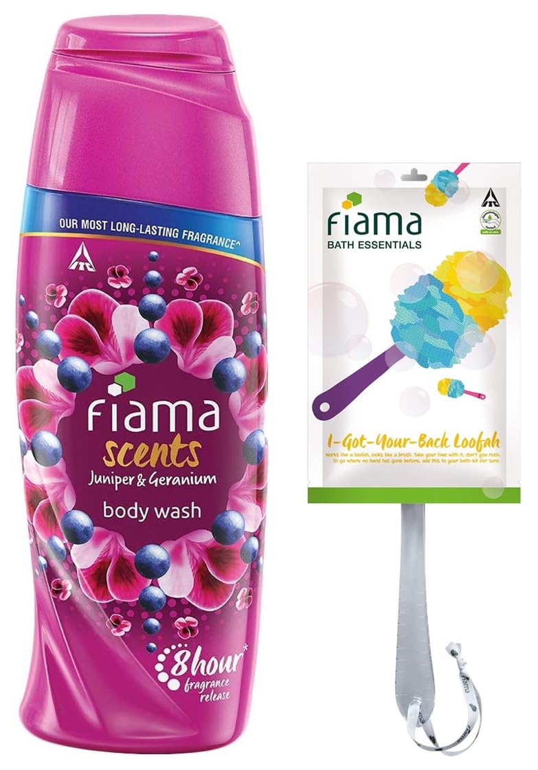Fiama Scents Juniper & Geranium Body Wash 250ml with Exfoliating Loofah - Moisturizing Shower Gel for Men & Women - Spa & Relaxation Bath Essentials Gift Set for Home & Travel