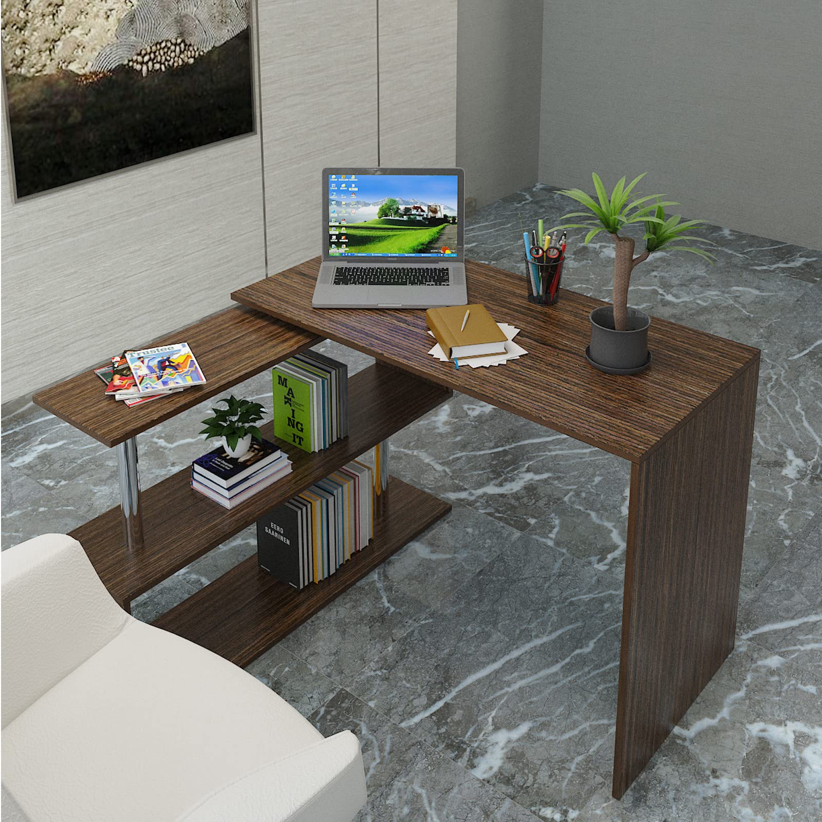 Jocer L-Shaped Corner Desk with 2-Tier Storage Shelves, 66.93