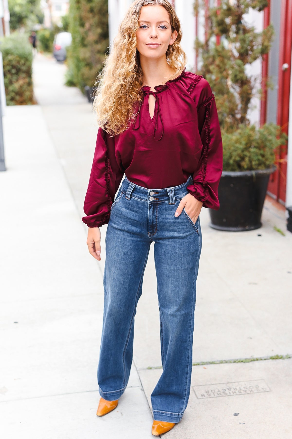 Judy Blue High Rise Double Button Crisscross Detail Wide Leg Jeans for Women - Comfortable Stretch Denim Pants for Casual Wear & Everyday Outfits