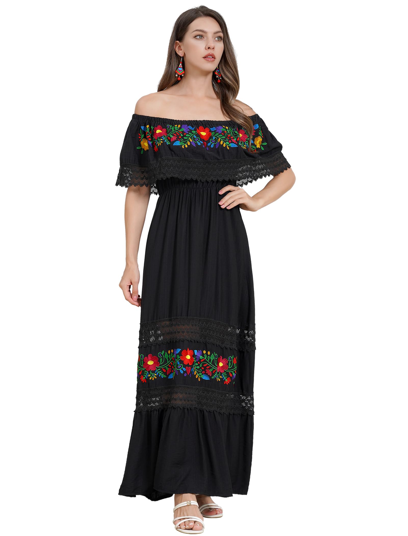 Mexican Floral Embroidered Off-Shoulder Long Maxi Dress for Women - Summer Casual Boho Dress with Elastic Waist - Perfect for Beach Vacations, Music Festivals and Date Nights
