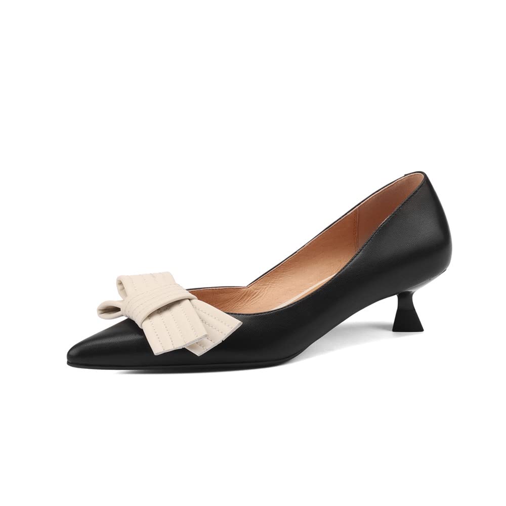 TinaCus Women's Genuine Leather Pointed Toe Bowknot Slip-On Low Heel Pumps - Handmade Comfortable Flats for Work, Office & Casual Outfits