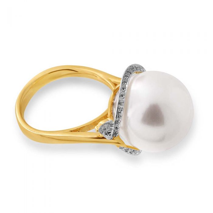 14-15mm White South Sea Pearl & 0.10ct Diamond Ring in 9K Yellow Gold - Elegant Jewelry for Weddings, Anniversaries & Special Occasions