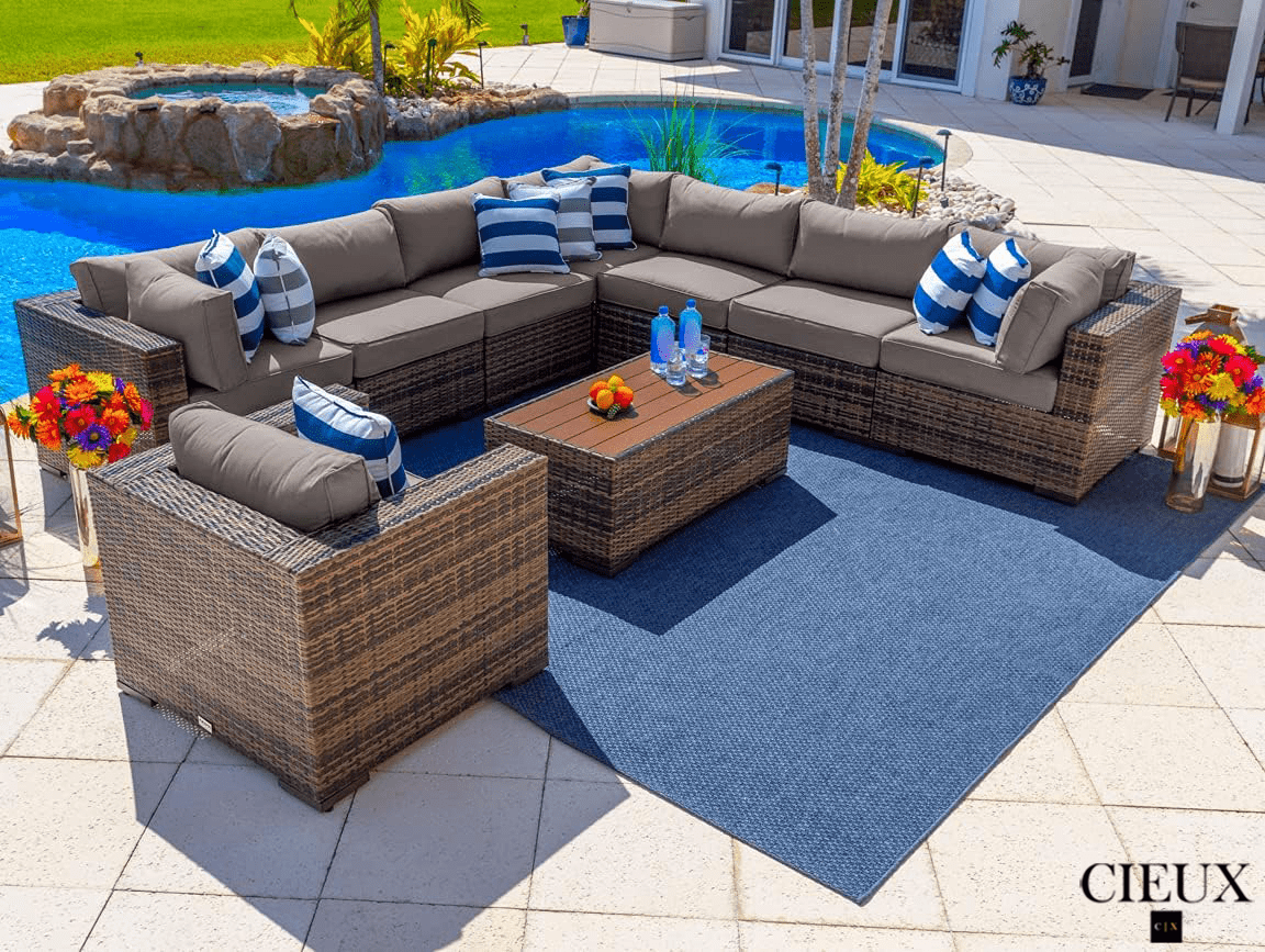 Valence Outdoor Patio Wicker Large Corner Sectional Sofa Set with Club Chair & Coffee Table - Brown Rattan Furniture with Sunbrella Taupe Cushions for Backyard, Poolside & Garden Relaxation