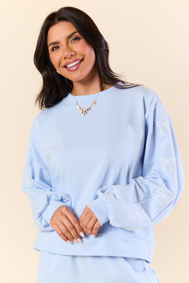 Light Blue Bow Crewneck Long Sleeve Sweatshirt for Women - Soft Casual Pullover Top for Everyday Wear | Perfect for Outfits, Dates & Cozy Loungewear