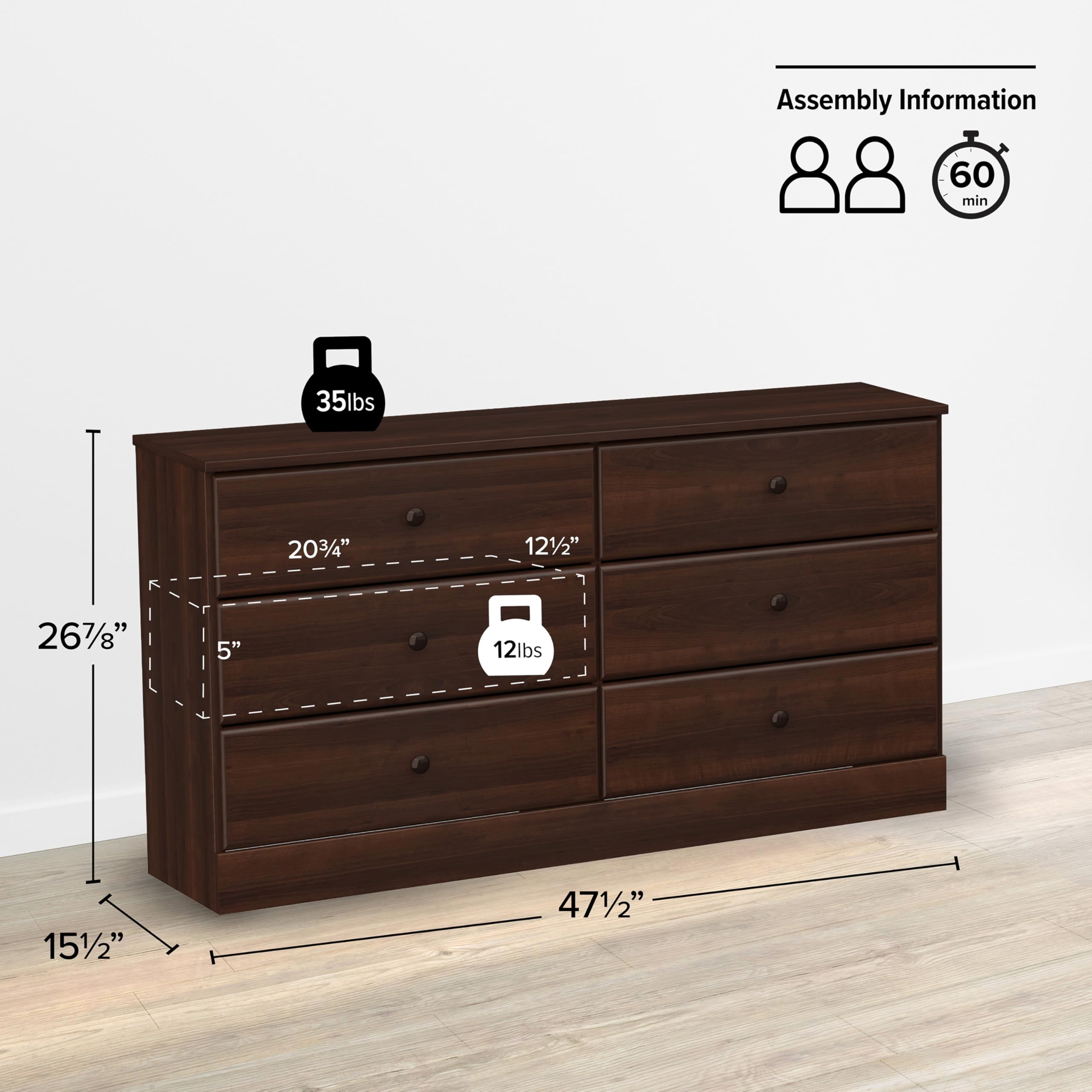 Prepac Astrid 6-Drawer Double Dresser - Espresso Finish, 47.5