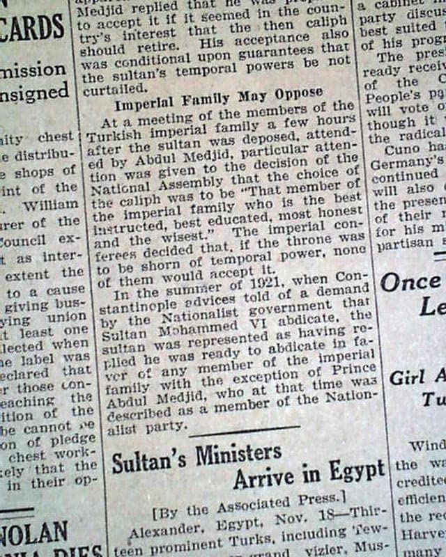 Original 1922 SPRINGFIELD REPUBLICAN Newspaper - MEHMED VI & Abolition of Ottoman Empire Sultanate | Historic Collectible for History Buffs & Antique Newspaper Collectors - Perfect for Framing & Display in Home Libraries or Museums