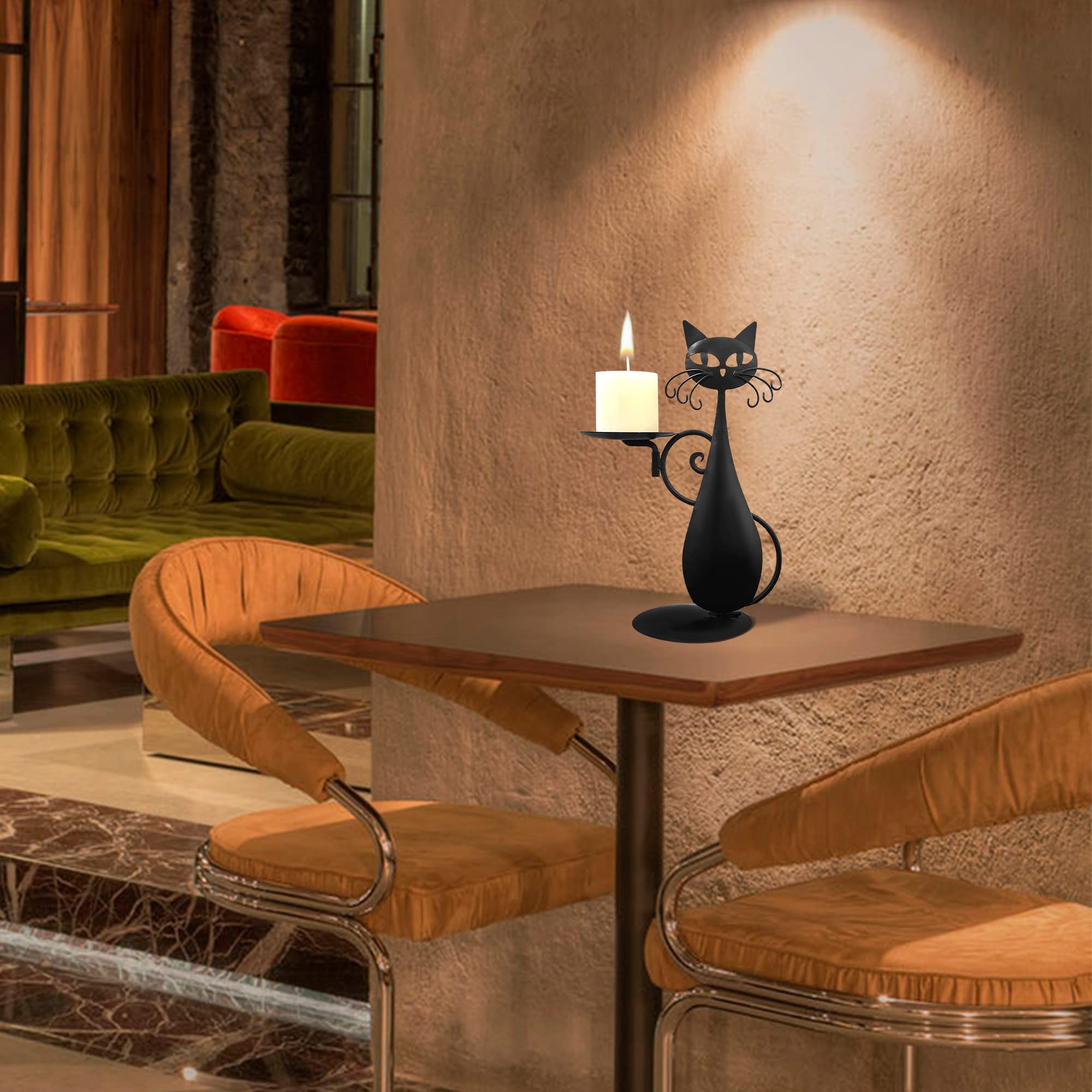 Black Cat Candle Holder for Pillar & LED Candles - Farmhouse Decor for Dining Table & Gifts