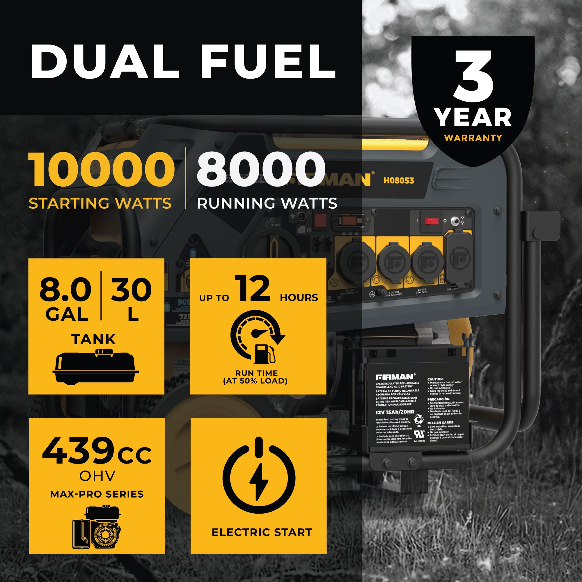 8000W Dual Fuel Portable Generator with Electric Start - 120V/240V for Camping, Home Backup & Outdoor Power Supply